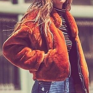 Free People Bomber Jacket Terracotta Faux Fur Zip Up Collared Coat M